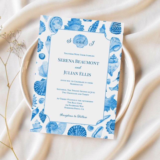 Cornflower Blue Coastal Seashell Wedding Invitation (Cornflower Blue Coastal Seashell Wedding Invitation)