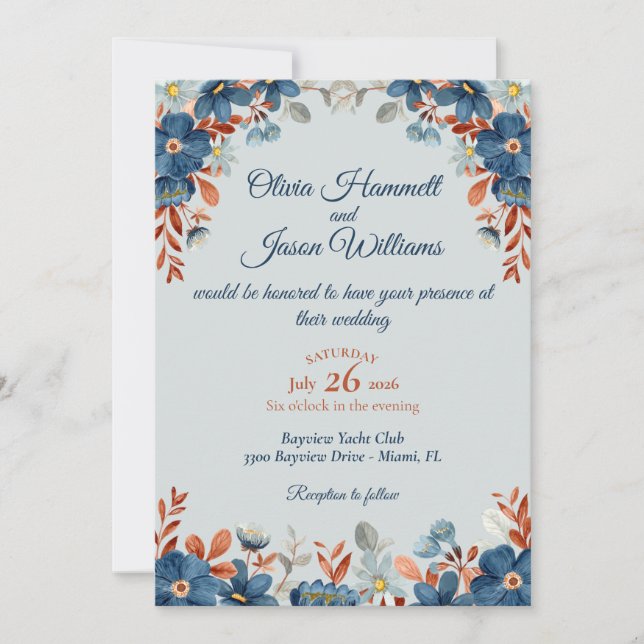 Cornflower Blue & Copper Wedding Invitation (Front)