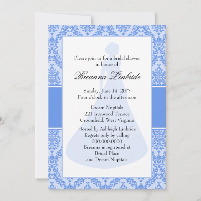 Cornflower Blue Damask Bridal Shower Invitation (Front)