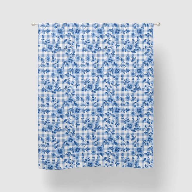 Cornflower Blue Floral Gingham Pattern Blackout Curtains (Front)