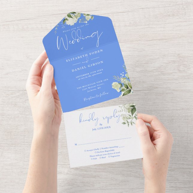 Cornflower Blue Floral Greenery Monogram Wedding All In One Invitation (Tearaway)