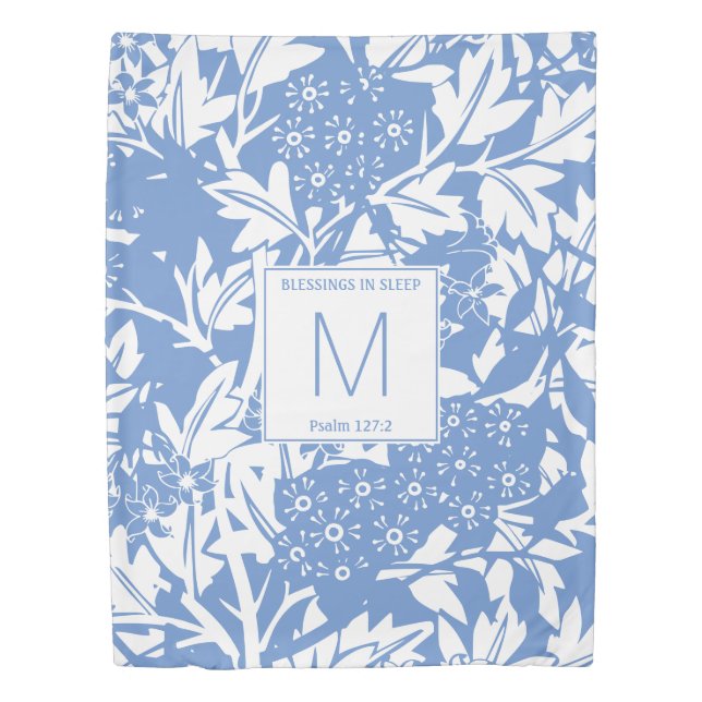 Cornflower Blue Floral Monogram Duvet Cover (Front)
