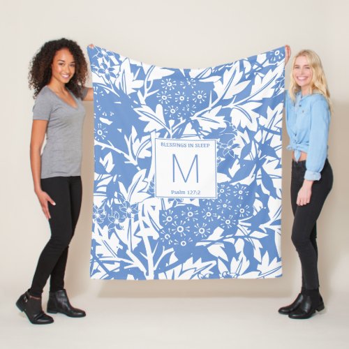 Cornflower Blue Floral Monogram Fleece Blanket