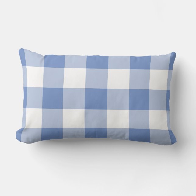 Cornflower Blue Gingham Check Plaid Pattern Lumbar Pillow (Front)