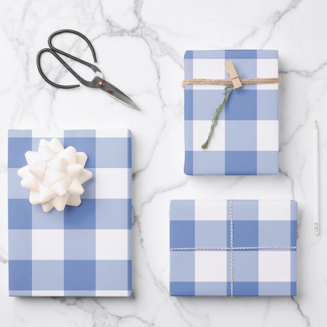 Cornflower Blue Gingham Check Plaid Wrapping Paper Sheets (Front)