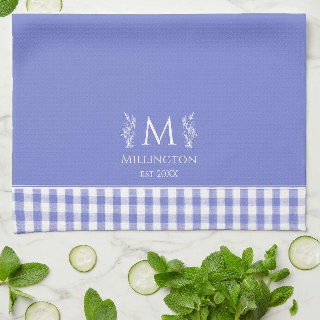 Cornflower Blue Gingham Personalized Custom Name Kitchen Towel (Folded)