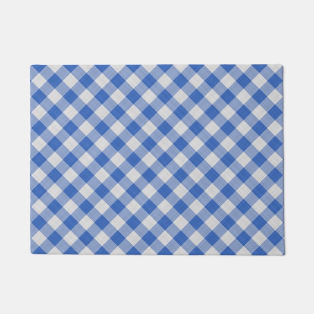 Cornflower Blue Gingham Plaid Checkered Pattern Doormat (Front)