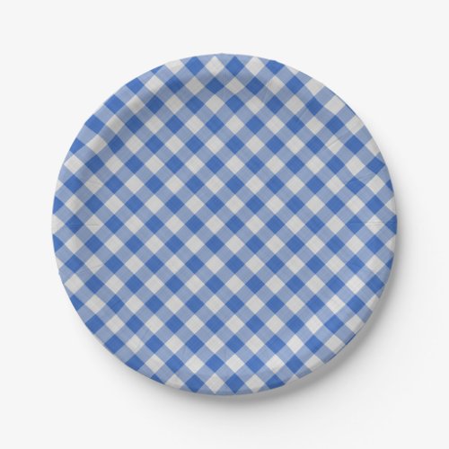 Cornflower Blue Gingham Plaid Checkered Pattern Paper Plates