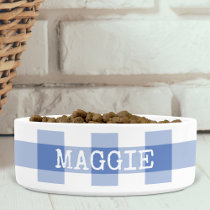 Cornflower Blue Gingham Plaid Personalized Dog Bowl