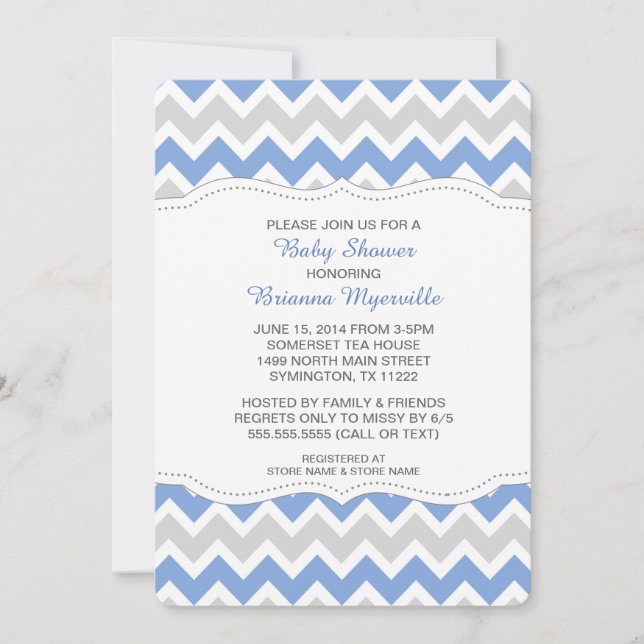 Cornflower Blue & Gray Chevron Baby Shower Invites (Front)