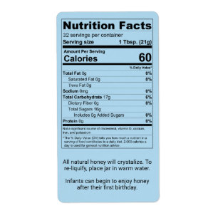 Cornflower Blue Honey Jar Nutrition Facts Label