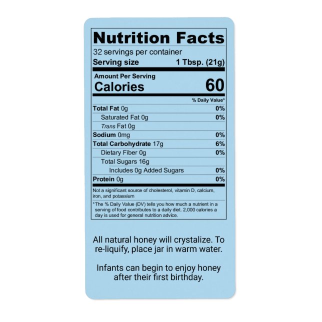Cornflower Blue Honey Jar Nutrition Facts Label (Front)