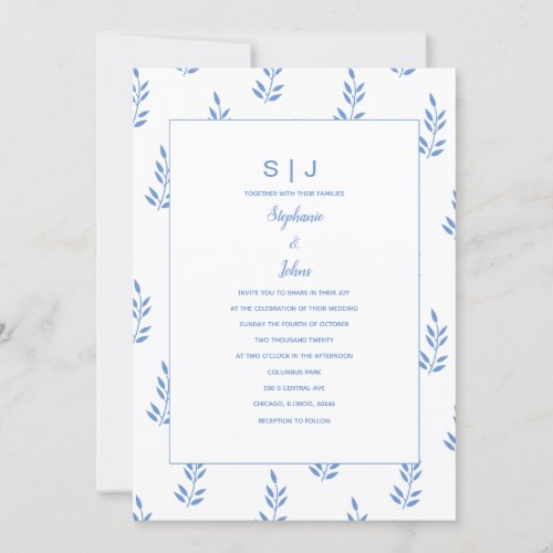 Cornflower Blue Leaf Monogram Minimal Wedding Invitation