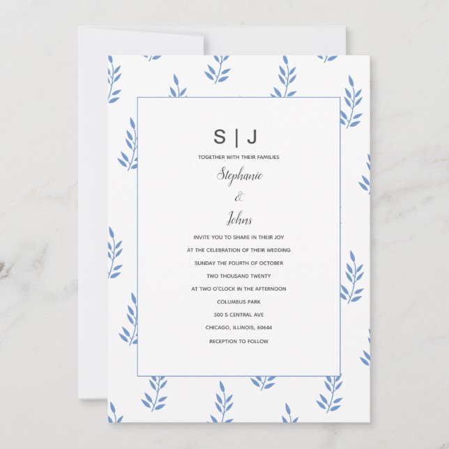 Cornflower Blue Leaf Monogram Simple Wedding Invitation (Front)