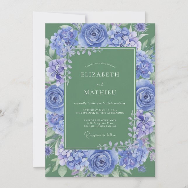 Cornflower Blue Majestic Botanical Wedding Invitation (Front)