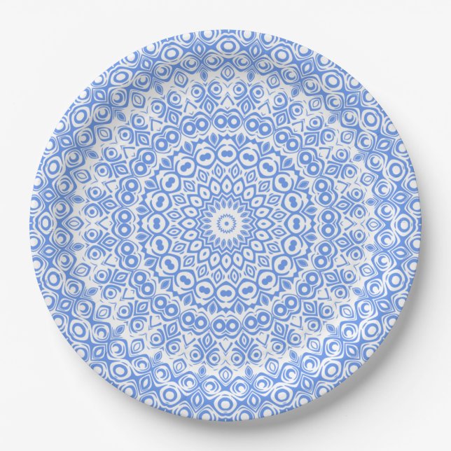 Cornflower Blue Mandala Pattern Paper Plates (Front)