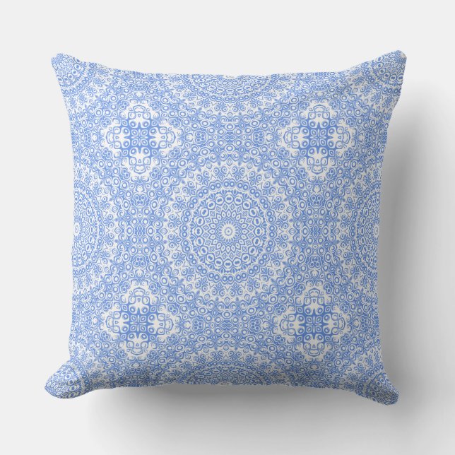 Cornflower Blue Mandala Pattern Throw Pillow (Front)