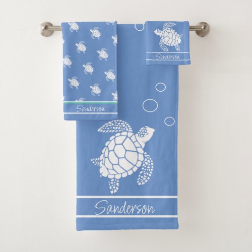 Cornflower Blue Monogram White Sea Turtle Nautical Bath Towel Set