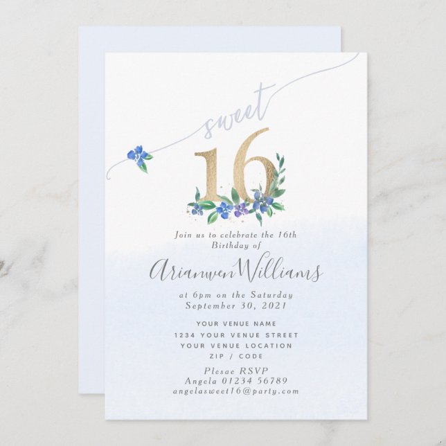 Cornflower blue Paeony Roses Invitation (Front/Back)