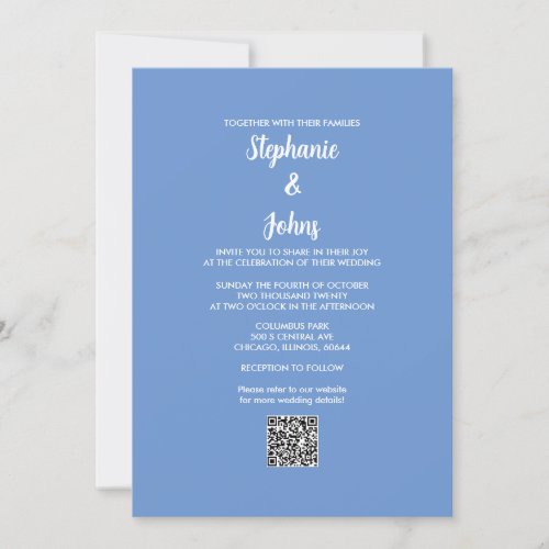 Cornflower Blue QR Code White Script 2024 Wedding Invitation