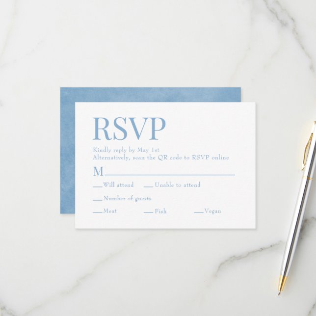 Cornflower Blue Scan Qr Code Meal Choice Wedding RSVP Card (Front/Back In Situ)