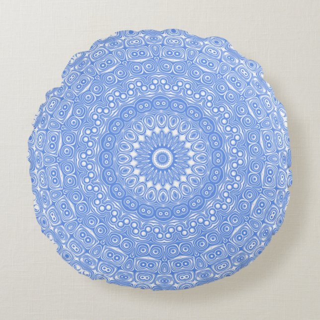 Cornflower Blue Symmetry Mandala Round Pillow (Front)