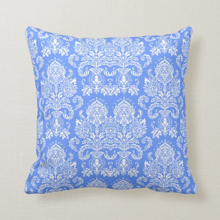 Cornflower Blue Victorian Damask Throw Pillow