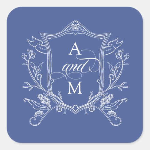 Cornflower Blue Vintage Crest Wedding Square Sticker