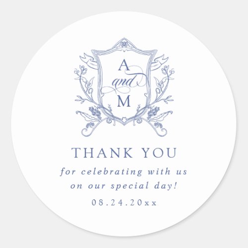 Cornflower Blue Vintage Crest Wedding Thank You Classic Round Sticker