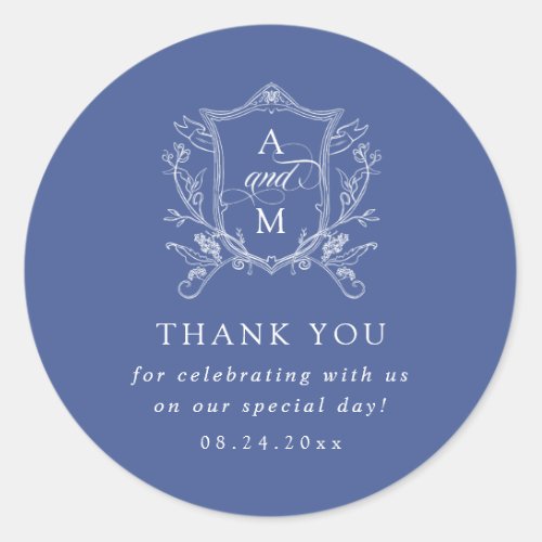 Cornflower Blue Vintage Crest Wedding Thank You Classic Round Sticker