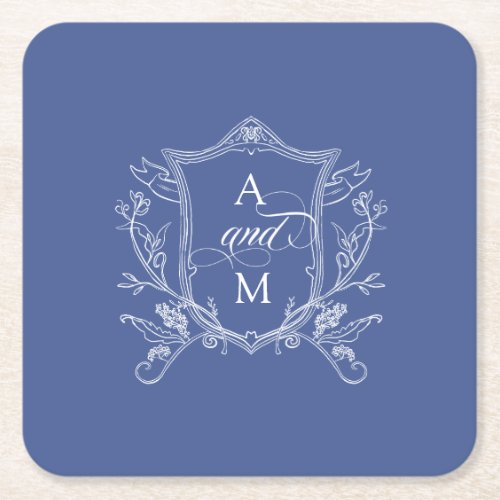 Cornflower Blue Vintage Crest Wedding Thank You Square Paper Coaster