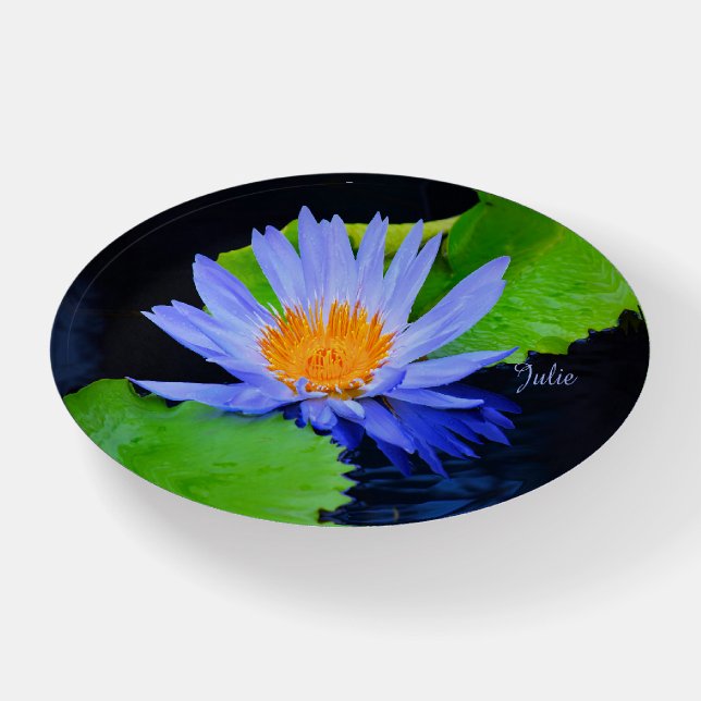 Cornflower Blue Water Lily Oval Glass Paperweight (Front)