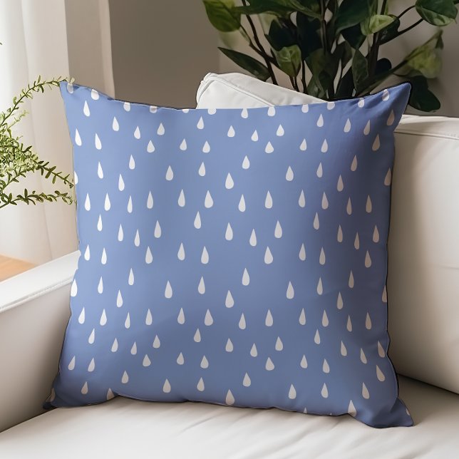 Cornflower Blue Whimsical White Raindrops Throw Pillow (Creator Uploaded)