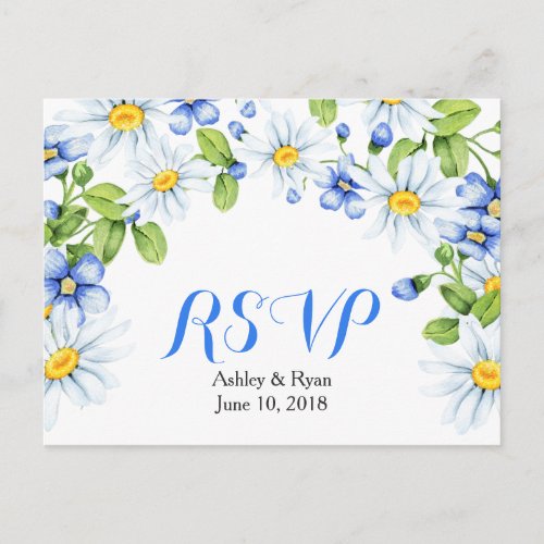 Cornflower Blue White Daisy Floral Wedding RSVP Invitation Postcard