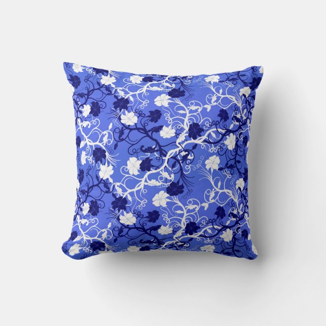 Cornflower Blue & White Elegant Floral Pattern Throw Pillow (Front)