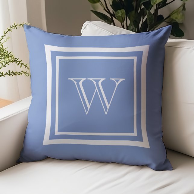 Cornflower Blue White Framed Monogram Throw Pillow (Creator Uploaded)