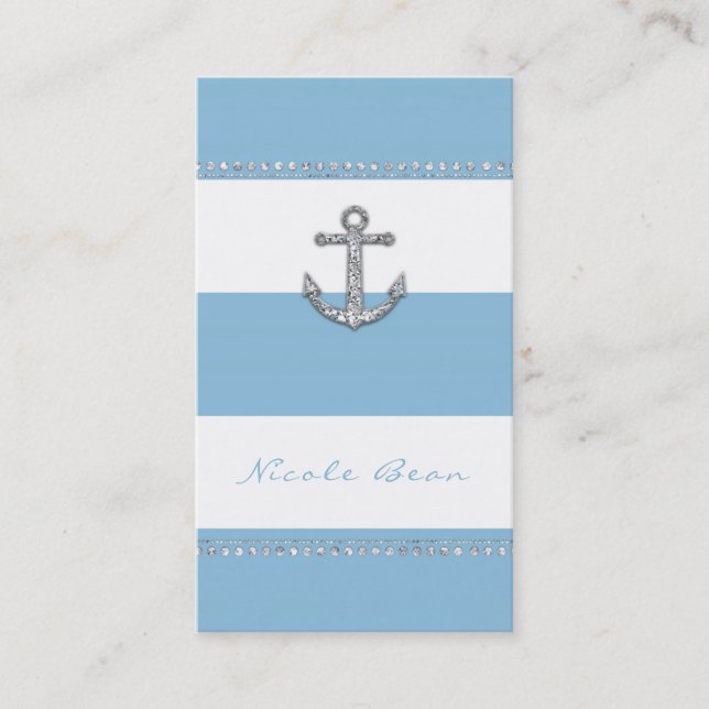 Cornflower Blue & White Stripes Diamond Anchor Business Card (Front)