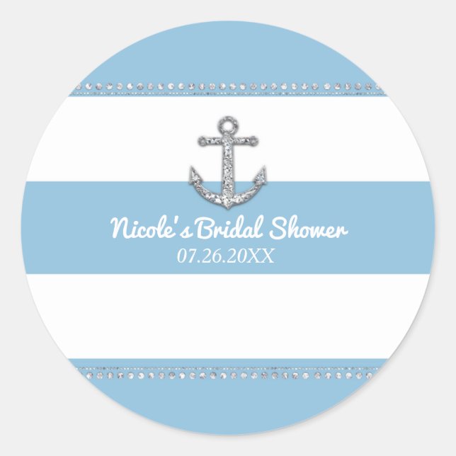 Cornflower Blue & White Stripes Diamond Anchor Classic Round Sticker (Front)