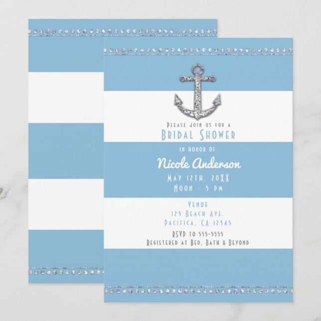 Cornflower Blue & White Stripes Diamond Anchor Invitation (Front/Back)