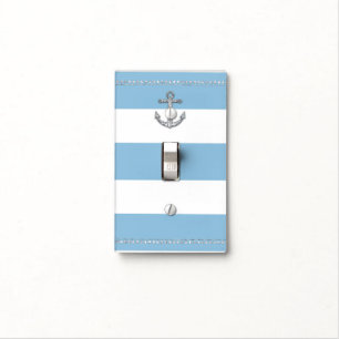 Cornflower Blue & White Stripes Diamond Anchor Light Switch Cover