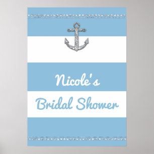 Cornflower Blue & White Stripes Diamond Anchor Poster
