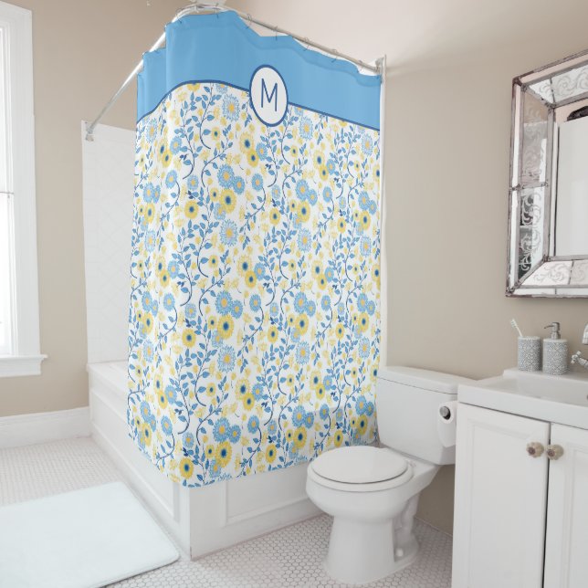 Cornflower Blue Yellow Floral Monogram Shower Curtain (In Situ)