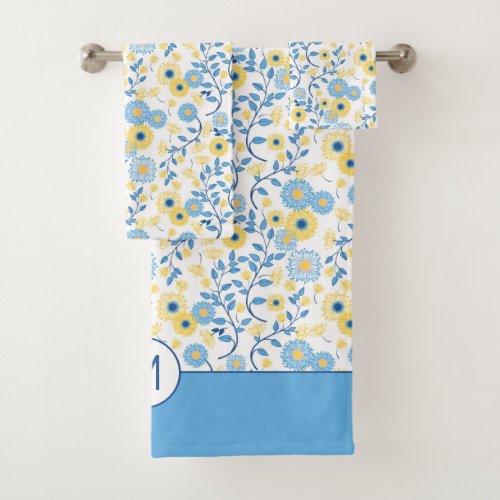 Cornflower Blue Yellow Floral Pattern Monogram Bath Towel Set