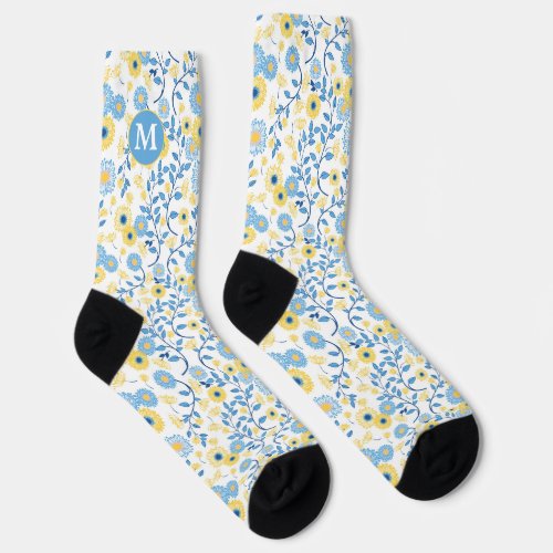 Cornflower Blue Yellow Floral Pattern Monogram Socks