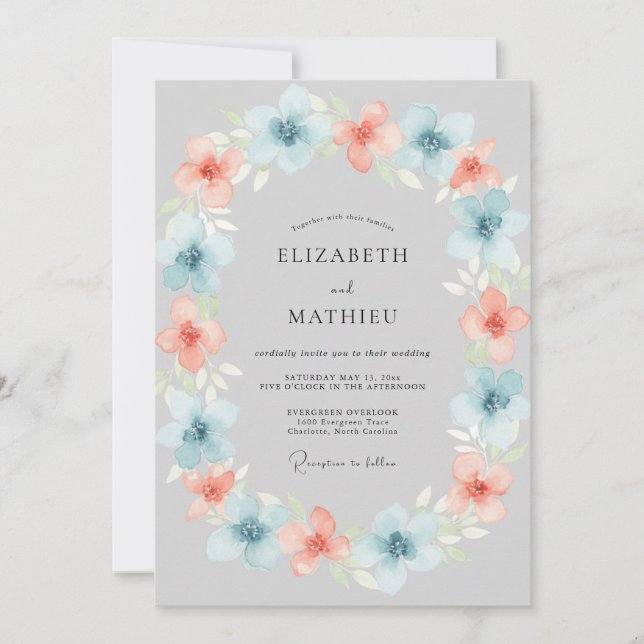 Cornflower Blush Peach Wreath Wedding Invitation (Front)