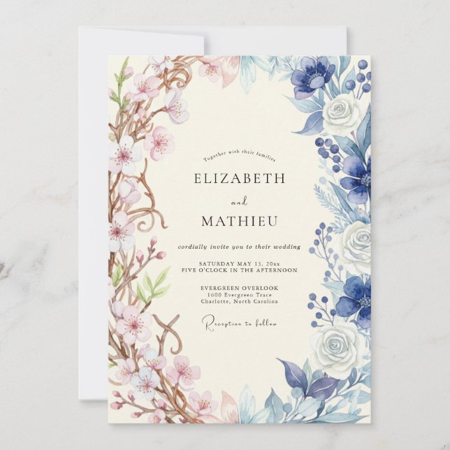 Cornflower Blush Ranunculus Eucalyptus Wedding Invitation (Front)