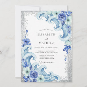 Cornflower Coastal Wave Eucalyptus Wedding Invitation