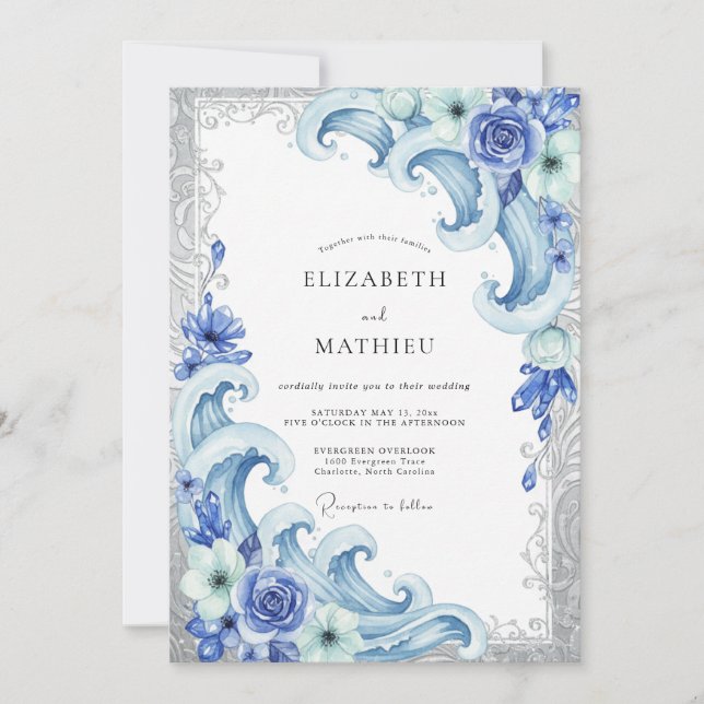 Cornflower Coastal Wave Eucalyptus Wedding Invitation (Front)