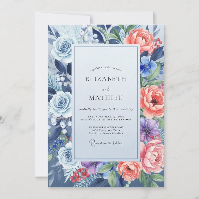 Cornflower Coral Foliage Eucalyptus Wedding Invitation (Front)