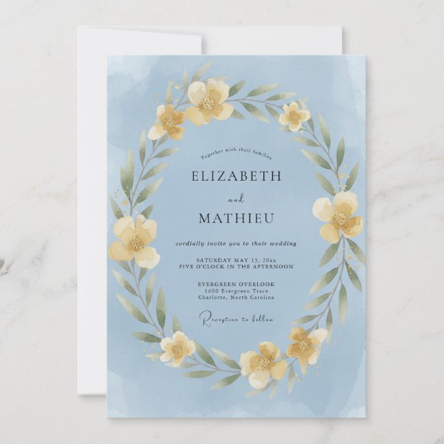 Cornflower Cream Leafy Wedding Invitation (Front)